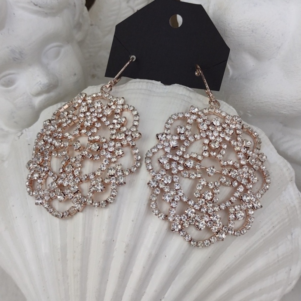 Crystal Filigree Rose Gold Sparkly Doily Pattern Drop Earrings
